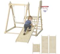 AIYAPLAY Tobogán Infantil 5 en 1 Estructura de Escalada con Tobogán Columpio Aro de Baloncesto Tabla Red de Escalada Natural Natural Wood