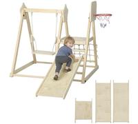 AIYAPLAY Tobogán Infantil 5 en 1, Estructura de Escalada de Madera con Tobogán, Columpio, Aro de Baloncesto, Tabla, Red de Escalada, Parque Plegable para Niños de 3-6 Años, Interior, Exterior, Natural