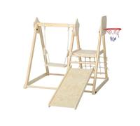 Aiyaplay tobogán infantil 5 en 1, estructura de escalada de madera con tobogán, columpio, aro de baloncesto, tabla, red de escalada, parque plegable para niños de 3-6 años, interior, exterior, natural