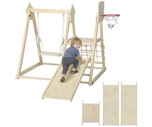 AIYAPLAY Tobogán Infantil 5 en 1, Estructura de Escalada de Madera con Tobogán, Columpio, Aro de Baloncesto, Tabla, Red de Escalada, Parque Plegable para Niños de 3-6 Años, Interior, Exterior, Natural