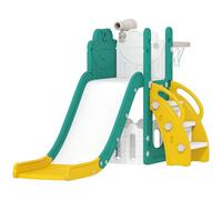 AIYAPLAY Tobogán infantil 5 en 1 para interiores y exteriores con canasta de baloncesto, estructura de escalada, telescopios de juego, espacio de almacenamiento, diseño de rana, parque infantil para