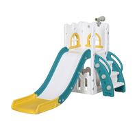 AIYAPLAY Tobogán Infantil 5 en 1, Tobogán para Niños de 1-3 Años con Aro de Baloncesto, Telescopio, Escalador y Cesta Inferior, para Interior y Exterior, Amarillo y Verde