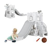 Aiyaplay tobogán infantil 5 en 1, tobogán para niños de 1-3 años con aro de baloncesto, telescopio, escalador y cesta inferior, para interior y exterior, blanco y gris