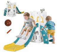 AIYAPLAY Tobogán Infantil 5 en 1, Tobogán para Niños de 1-3 Años con Aro de Baloncesto, Telescopio, Escalador y Cesta Inferior, para Interior y Exterior, Amarillo y Verde