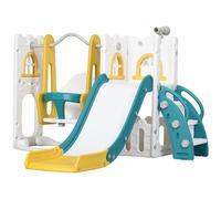 AIYAPLAY Tobogán Infantil 6 en 1 con Columpio y Tobogán Telescopio Aro de Baloncesto Espacio de Almacenamiento Multicolor