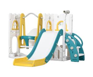 AIYAPLAY Tobogán Infantil 6 en 1 con Columpio y Tobogán Telescopio Aro de Baloncesto Espacio de Almacenamiento Multicolor