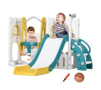 AIYAPLAY Tobogán Infantil 6 en 1 Parque Infantil con Columpio y Tobogán Telescopio Aro de Baloncesto Espacio de Almacenamiento para Interior Multicolor