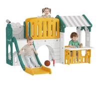 AIYAPLAY Tobogán Infantil 7 en 1 con Caseta para Niños Amarillo y Verde | Tobogán con Escalera, Aro de Baloncesto, Túnel, Pizarra, Telescopio, para Interior