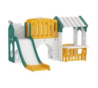 AIYAPLAY Tobogán Infantil 7 en 1 con Caseta para Niños, Tobogán con Escalera, Aro de Baloncesto, Túnel, Pizarra, Telescopio, para Interior, Amarillo y Verde