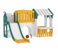 AIYAPLAY Tobogán Infantil 7 en 1 con Caseta para Niños, Tobogán con Escalera, Aro de Baloncesto, Túnel, Pizarra, Telescopio, para Interior, Amarillo y Verde