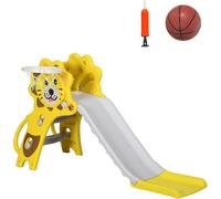 AIYAPLAY Tobogán Infantil 3 en 1 Tobogán para Niños de 18 a 36 Meses con 2 Escaleras 1 Canasta de Baloncesto y Patrón de Animal para Interior 131x50x74 cm Amarillo y Gris