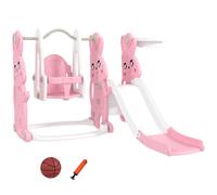 AIYAPLAY Tobogán y columpio para niños 4 en 1 con cesta de baloncesto, tobogán, columpio, 147,5x160x107cm, rosa
