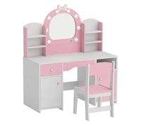 AIYAPLAY Tocador de Maquillaje Niña Espejo de LED 2 Colores Taburete Rosa | 2 Armarios, Cajón, Estantes, Compartimento Abierto, Tocador Infantil para Niños 3-8 Años, para Habitación Infantil