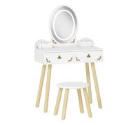 AIYAPLAY Tocador de Maquillaje Niña con Luces LED de 3 Colores, 2 en 1, Escritorio, Tocador Infantil con Taburete, Espejo, 2 Cajones, 2 Cajas de Almacenaje, para Niños +3 Años, Blanco