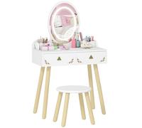 AIYAPLAY Tocador de Maquillaje Niña con Luces LED de 3 Colores, 2 en 1, Escritorio, Tocador Infantil con Taburete, Espejo, 2 Cajones, 2 Cajas de Almacenaje, para Niños +3 Años, Blanco