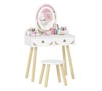 AIYAPLAY Tocador de Maquillaje Niña con Luces LED de 3 Colores, 2 en 1, Escritorio, Tocador Infantil con Taburete, Espejo, 2 Cajones, 2 Cajas de Almacenaje, para Niños +3 Años, Blanco