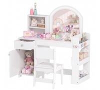 Aiyaplay - Tocador con Silla y Espejo con Luces LED, Cajón, Armario y 5 Estantes - Blanco