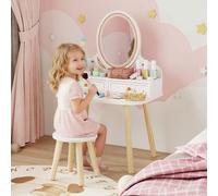 AIYAPLAY Tocador de Maquillaje Niña Tocador Infantil con Taburete y Espejo 2 Cajones y Barras Colgantes 3 a 8 Años Blanco White.