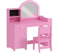 AIYAPLAY Tocador de Maquillaje Niña Tocador Infantil con Taburete y Espejo con Luces LED 1 Cajón Armario y 5 Estantes Rosa