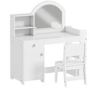 AIYAPLAY Tocador de Maquillaje Niña Tocador Infantil con Taburete y Espejo con Luces LED 1 Cajón Armario y 5 Estantes Blanco