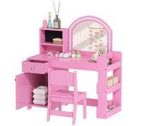 AIYAPLAY Tocador de Maquillaje Niña, Tocador Infantil con Taburete y Espejo con Luces LED, 1 Cajón, Armario y 5 Estantes, para Niños de 3 a 8 Años, Rosa