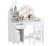 AIYAPLAY Tocador de Maquillaje Niña, Tocador Infantil con Taburete y Espejo con Luces LED, 1 Cajón, Armario y 5 Estantes, para Niños de 3 a 8 Años, Blanco