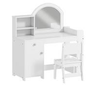 AIYAPLAY Tocador de Maquillaje Niña, Tocador Infantil con Taburete y Espejo con Luces LED, 1 Cajón, Armario y 5 Estantes, para Niños de 3 a 8 Años, Blanco