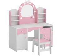 AIYAPLAY Tocador de Maquillaje para Niñas con Espejo LED de 2 Colores Taburete 2 Armarios Cajón Estantes Compartimento Rosa Aosom España