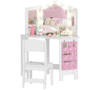 AIYAPLAY Tocador infantil 2 en 1 con taburete, escritorio para niña con espejo tríptico y luces LED, con cajón