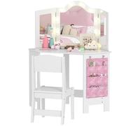 AIYAPLAY Tocador infantil 2 en 1 con taburete, escritorio para niñas con espejo tríptico y luces LED bicolor, bolsillo lateral de almacenamiento, mesa de maquillaje para niños de 3 a 8 años, blanco