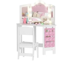 AIYAPLAY Tocador Infantil 2 en 1 con Taburete, Escritorio para niñas con Espejo tríptico y Luces LED Bicolor, Bolsillo Lateral de Almacenamiento, Mesa de Maquillaje para niños de 3 a 8 años, Blanco
