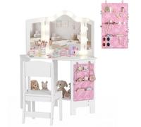 AIYAPLAY Tocador Infantil con Taburete, luz LED de 2 Colores, Blanco | Set de tocador para niños, espejo plegable, bolsillo lateral, escritorio de maquillaje infantil, de 3 a 8 años