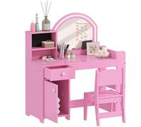 AIYAPLAY Tocador infantil con taburete y espejo LED, tocador de madera para niña con cajón, armario, 2 compartimentos abiertos y 3 estantes, mesa de maquillaje para niños de 3 a 8 años, rosa