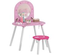 AIYAPLAY Tocador Infantil con Taburete y Espejo, Tocador para Niñas con Dibujos de Corazones, Mesa de Maquillaje para Niños y Niñas de 3-6 Años, Rosa