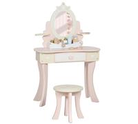 AIYAPLAY - Tocador infantil para niña 2 en 1 con 7 accesorios de juego, mesa de maquillaje con espejo de acrílico, taburetes, cajón y compartimento abierto, 59,8 x 29,6 x 89,8 cm, rosa