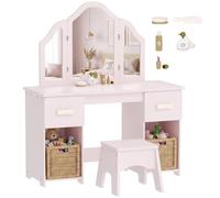 AIYAPLAY Tocador para Niñas 2 en 1 con Taburete a Partir de 3 Años Rosa | Tocador de Maquillaje Niñas, Escritorio, 3 Espejos Desmontables, 2 Cajones, 2 Armarios, 6 Accesorios
