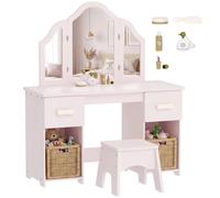 AIYAPLAY Tocador para Niñas, Tocador de Maquillaje Niñas, 2 en 1, Escritorio, con Taburete, 3 Espejos Desmontables, 2 Cajones, 2 Armarios, 6 Accesorios, a Partir de 3 Años, Rosa Rosa