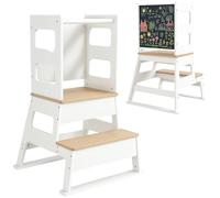 AIYAPLAY Torre de Aprendizaje 2 en 1 Taburete de Aprendizaje para Niños de 3-6 Años con Pizarra y Barrera de Seguridad para Baño Cocina 55x52,5x87,5 cm Blanco