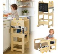 AIYAPLAY Torre de Aprendizaje 3 en 1 Plegable, Convertible en Escritorio y Silla, Taburete de Aprendizaje para Niños de 2-5 Años con Pizarra, Dibujos de Gatos, para Baño, Cocina, Natural