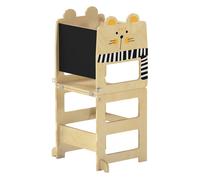 AIYAPLAY Torre de Aprendizaje 3 en 1 Plegable, Convertible en Escritorio y Silla, Taburete de Aprendizaje para Niños de 2-5 Años con Pizarra, Dibujos de Gatos, para Baño, Cocina, Natural