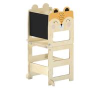 Aiyaplay torre de aprendizaje 3 en 1 plegable, convertible en escritorio y silla, taburete de aprendizaje para niños de 2-5 años con pizarra, dibujos de zorros, para baño, cocina, natural