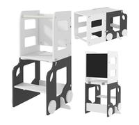 AIYAPLAY Torre de Aprendizaje Montessori 4 en 1 Taburete de Aprendizaje para Niños de +3 Años Convertible en Mesa y Silla con Pizarra de Doble Cara Barra de Seguridad 58x46x92 cm Blanco y Gris