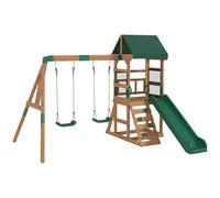 AIYAPLAY Torre de juego estructura de escalada de madera armazón con tobogán 2 columpios pared de escalada para 3-8 años 315x284x233 cm Verde
