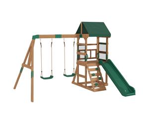 AIYAPLAY Torre de juego estructura de escalada de madera armazón con tobogán 2 columpios pared de escalada para 3-8 años 315x284x233 cm Verde Aosom España