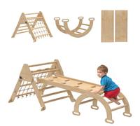 AIYAPLAY Triángulo de Escalada 8 en 1 con rampa Doble Cara, Natural | Arco de escalada de madera de álamo con tobogán y escalera, 18-48 meses, 50kg