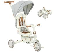 AIYAPLAY Triciclo infantil 5 en 1 con manillar, cubierta superior desmontable, arnés de 5 puntos y barra de seguridad, Triciclo infantil de aluminio y PP, 96,5x49x101 cm, Blanco Crema