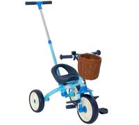 AIYAPLAY Triciclo para Bebés 2 en 1 para 2-5 Años con Barra Parental Pedales Antideslizantes, Reposapiés Plegables y Cesta Azul