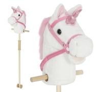 AIYAPLAY Unicornio Caballo de Palo con Ruedas de Madera, Sonidos de Relincho y Galope de Poni Real, Mango de Agarre, Juguete de Peluche Unicornio, 95 cm, Blanco (Requiere Pilas LR44)