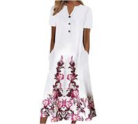 AIYINIY Vestido de verano para mujer, casual, cuello en V, botones, manga corta, bolsillos, estampado del Reino Unido, elegante, vestido de playa, club, cóctel, trabajo (rosa, S)