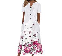 AIYINIY Vestido de verano para mujer, casual, cuello en V, botones, manga corta, bolsillos, estampado del Reino Unido, elegante, vestido de playa, club, cóctel, trabajo (rosa intenso, XXL)